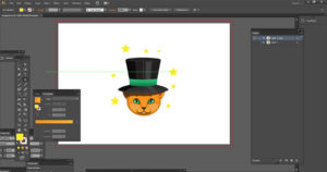 A magical cat made in Adobe Illustrator with a black hat, green sash and yellow stars